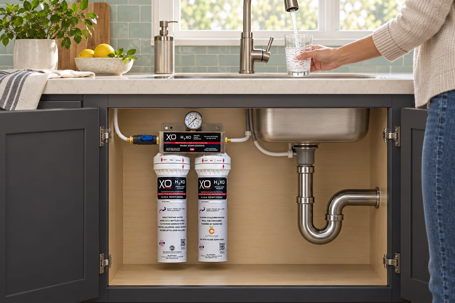 XO two-stage water filtration installed in a kitchen