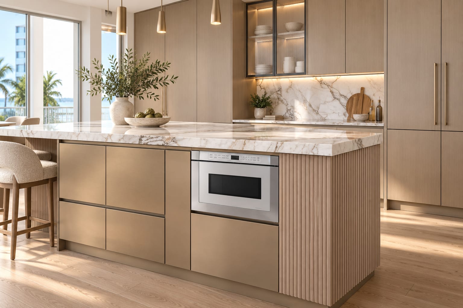 XO microwave drawer integrated into a kitchen island