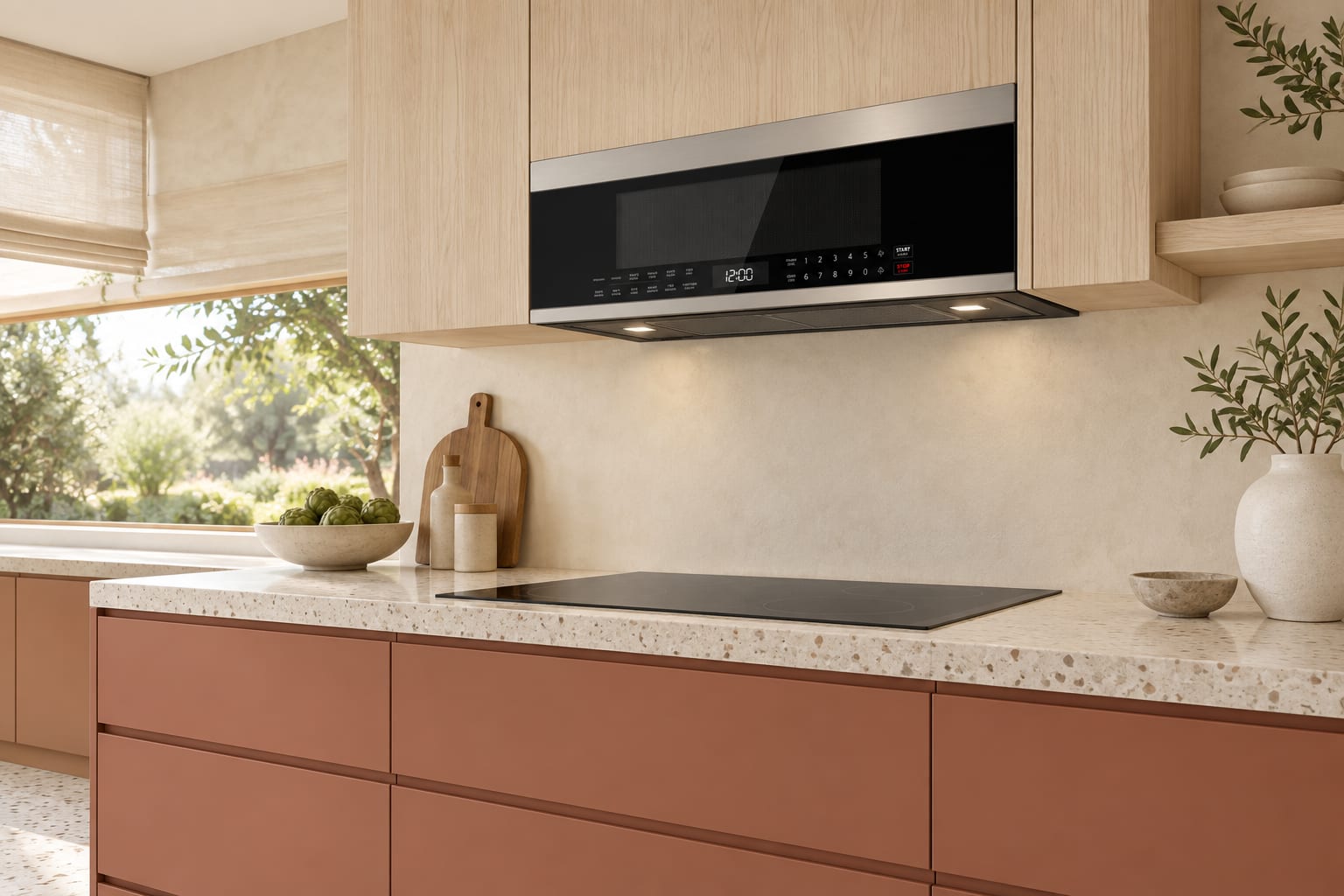 Low-profile over-the-range microwave in a kitchen