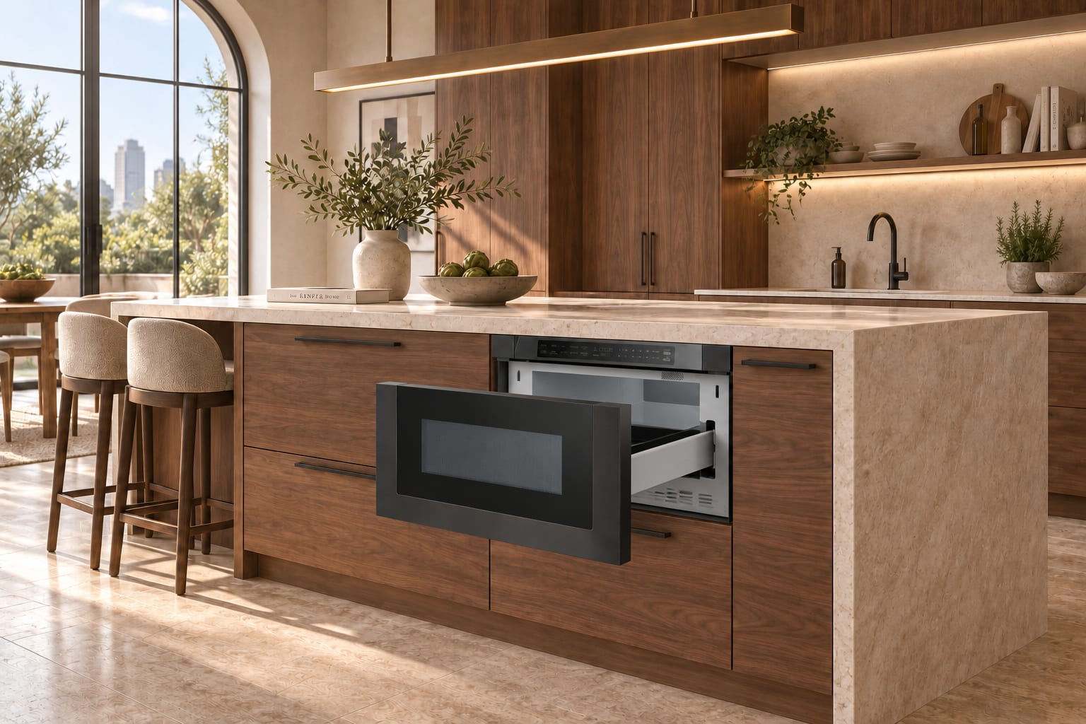 Black-stainless microwave drawer · open in a kitchen