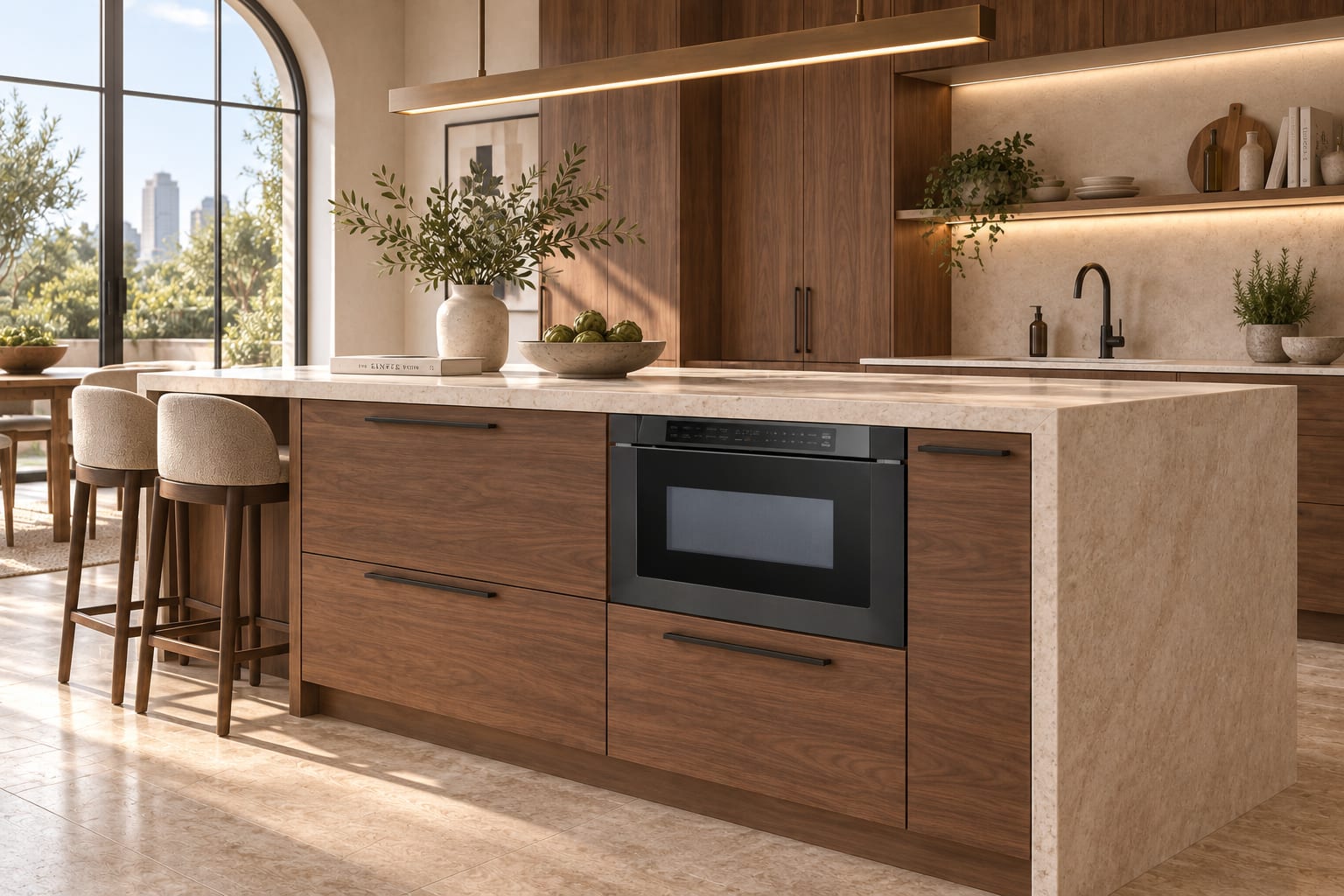 Black-stainless microwave drawer · open and closed in a kitchen