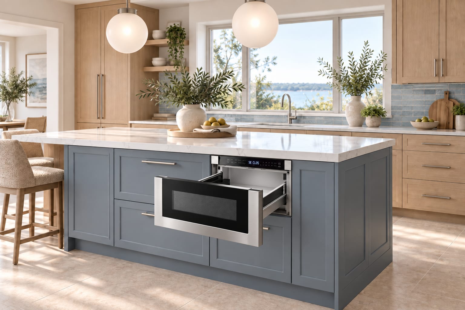 Stainless microwave drawer · open in a kitchen