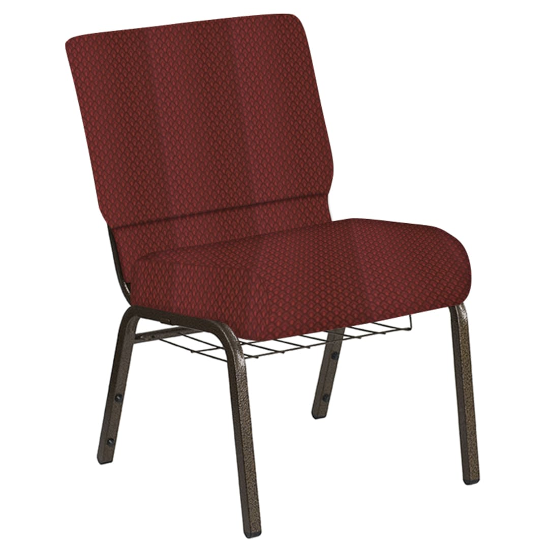 Embroidered 21''W Church Chair in Georgetown Deep Red Fabric with Book Rack - Gold Vein Frame