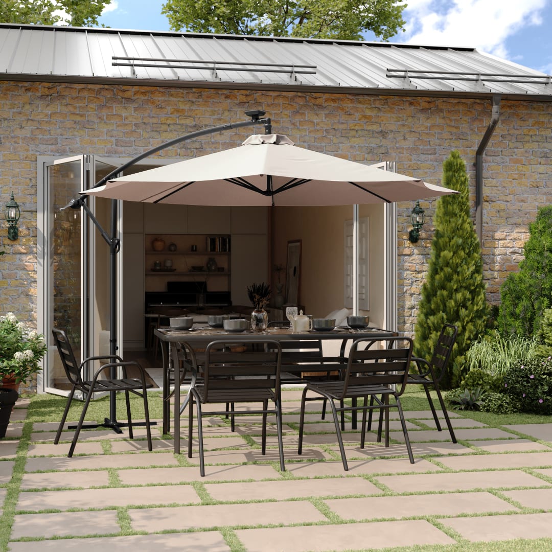 Sedona Commercial Grade 10 FT Round Cantilever Umbrella with 32 Solar LED Lights, Built in Cross Base, and Easy Lift and Tilt Function in Tan