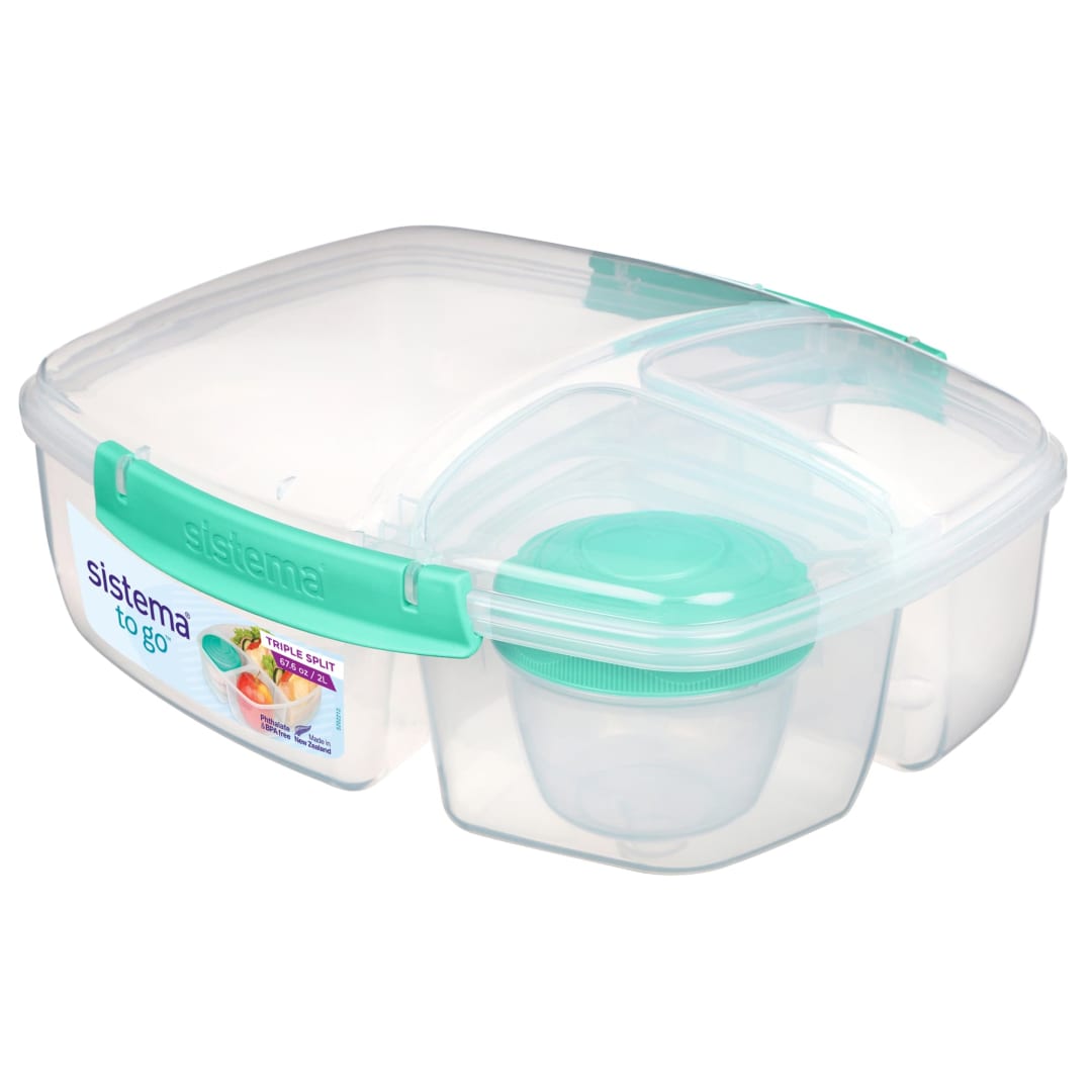 Sistema To Go Triple Split Lunch Box with Yoghurt Pot | 2L Air-Tight and Stackable Food Storage Container | BPA-Free | Minty Teal