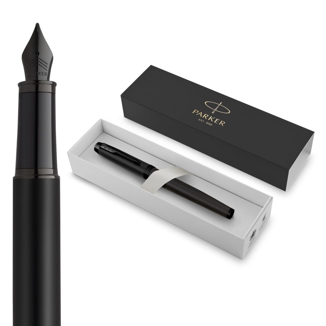 Parker IM Fountain Pen | Matte Black with Black Trim | Medium Point with Blue Ink Cartridge | Gift Box