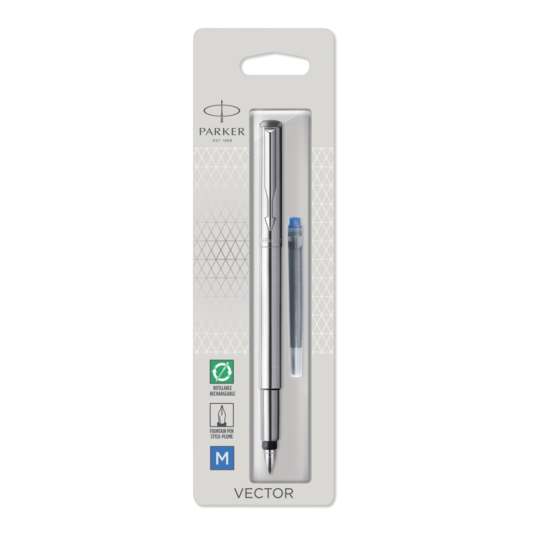 Parker Vector Fountain Pen | Stainless Steel with Chrome Trim | Medium Nib | Blue Ink | Hangtab