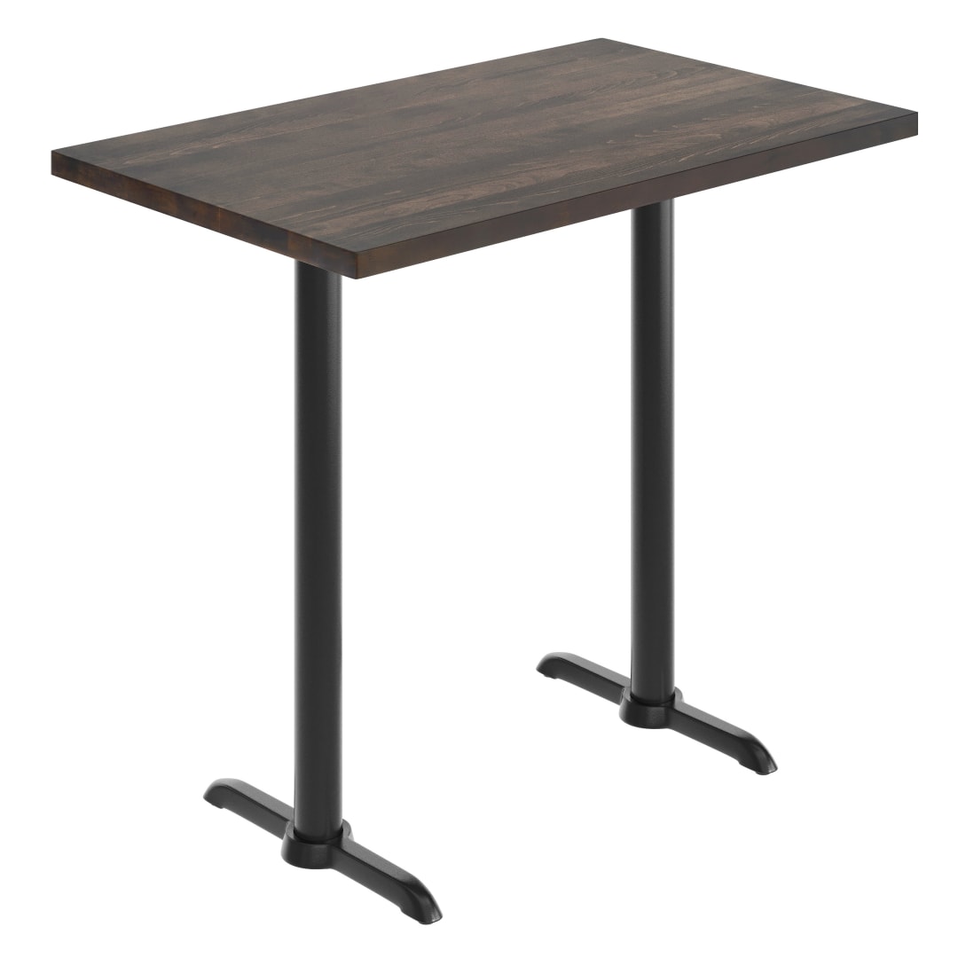 Bennett 30" x 48" Solid Wood Commercial Indoor Tabletop in Dark Brown with Dual 5" x 22" Bar Height Rust-Resistant Black Cast Iron T-Bases