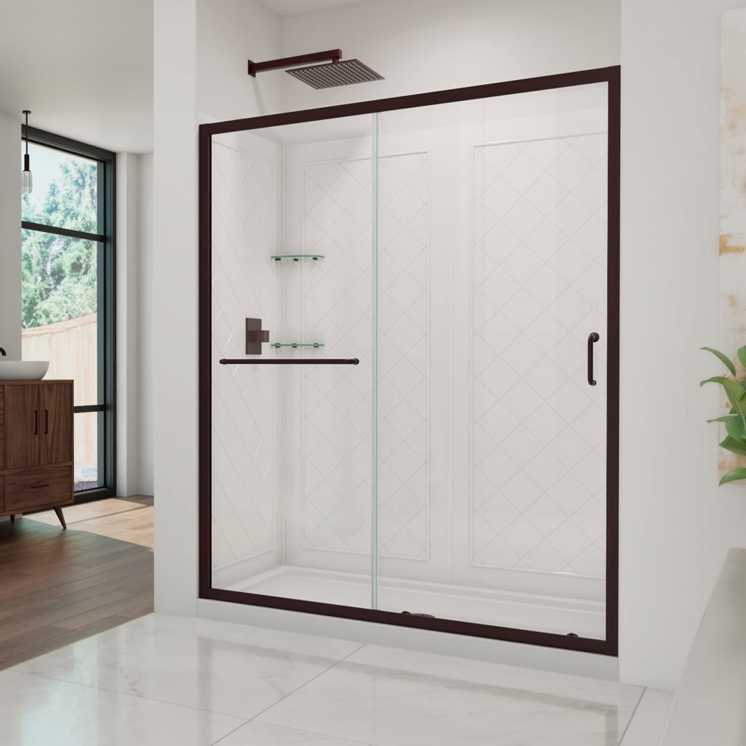 DreamLine Infinity-Z 30 inch D x 60 inch W x 76 3/4 inch H Semi-Frameless Sliding Shower Door in Oil Rubbed Bronze and Clear Glass, Center Drain Shower Base, and Wall Kit in White