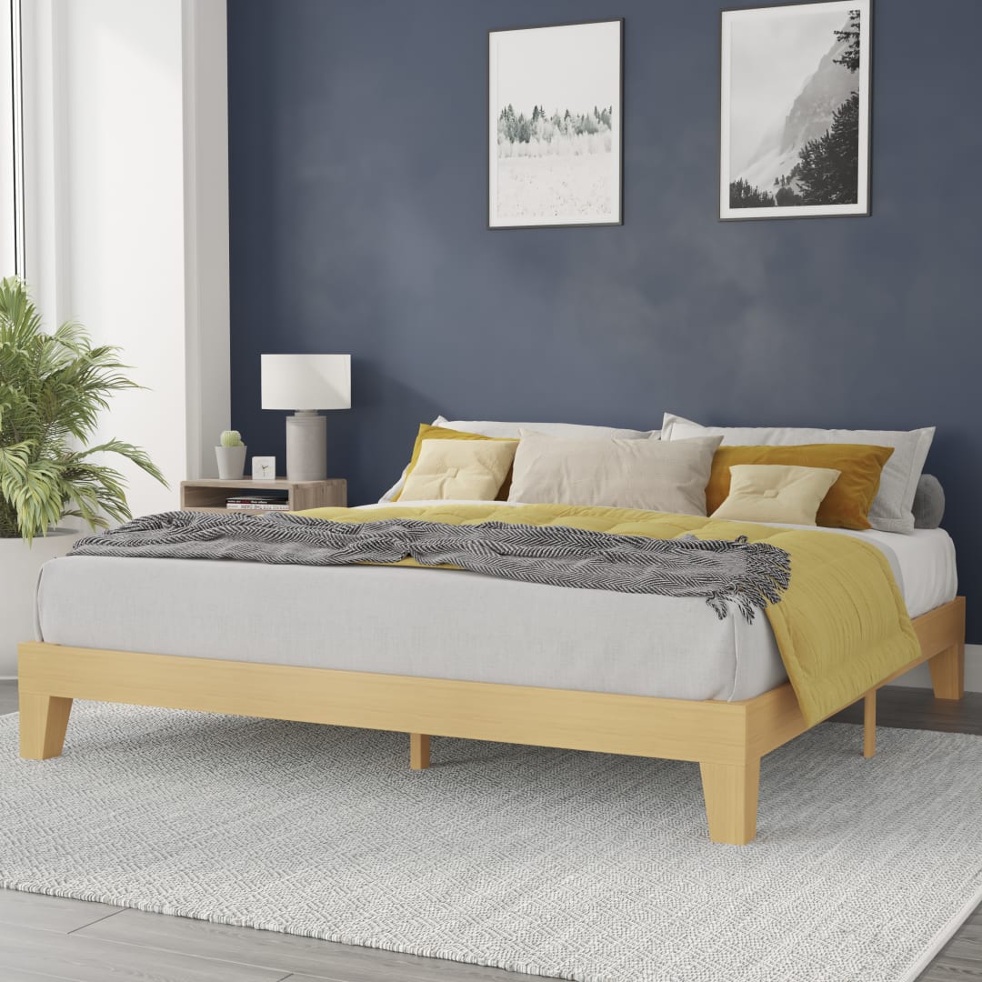 Evelyn Natural Pine Finish Wood King Platform Bed with Wooden Support Slats, No Box Spring Required