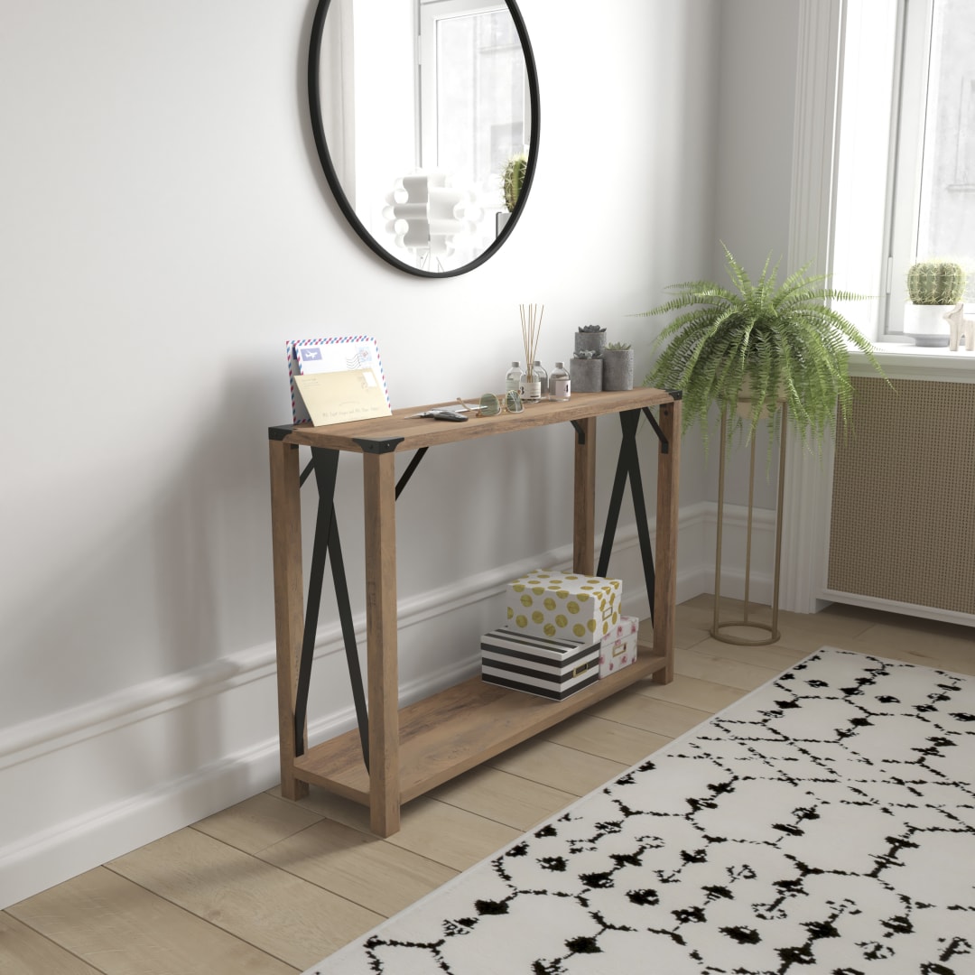 Wyatt Modern Farmhouse Wooden 2 Tier Console Entry Table with Black Metal Corner Accents and Cross Bracing, Rustic Oak