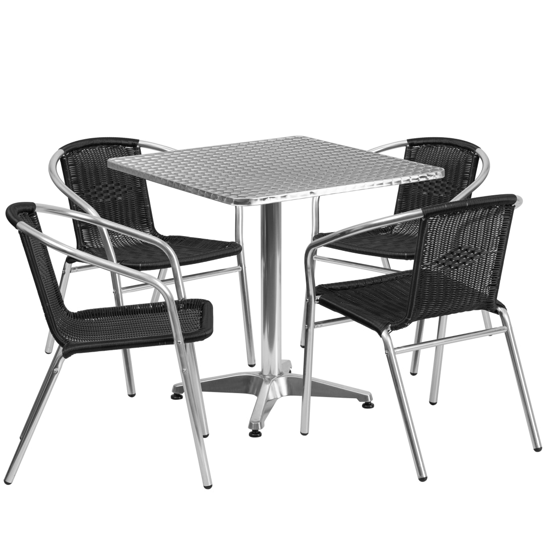 Lila 27.5'' Square Aluminum Indoor-Outdoor Table Set with 4 Black Rattan Chairs