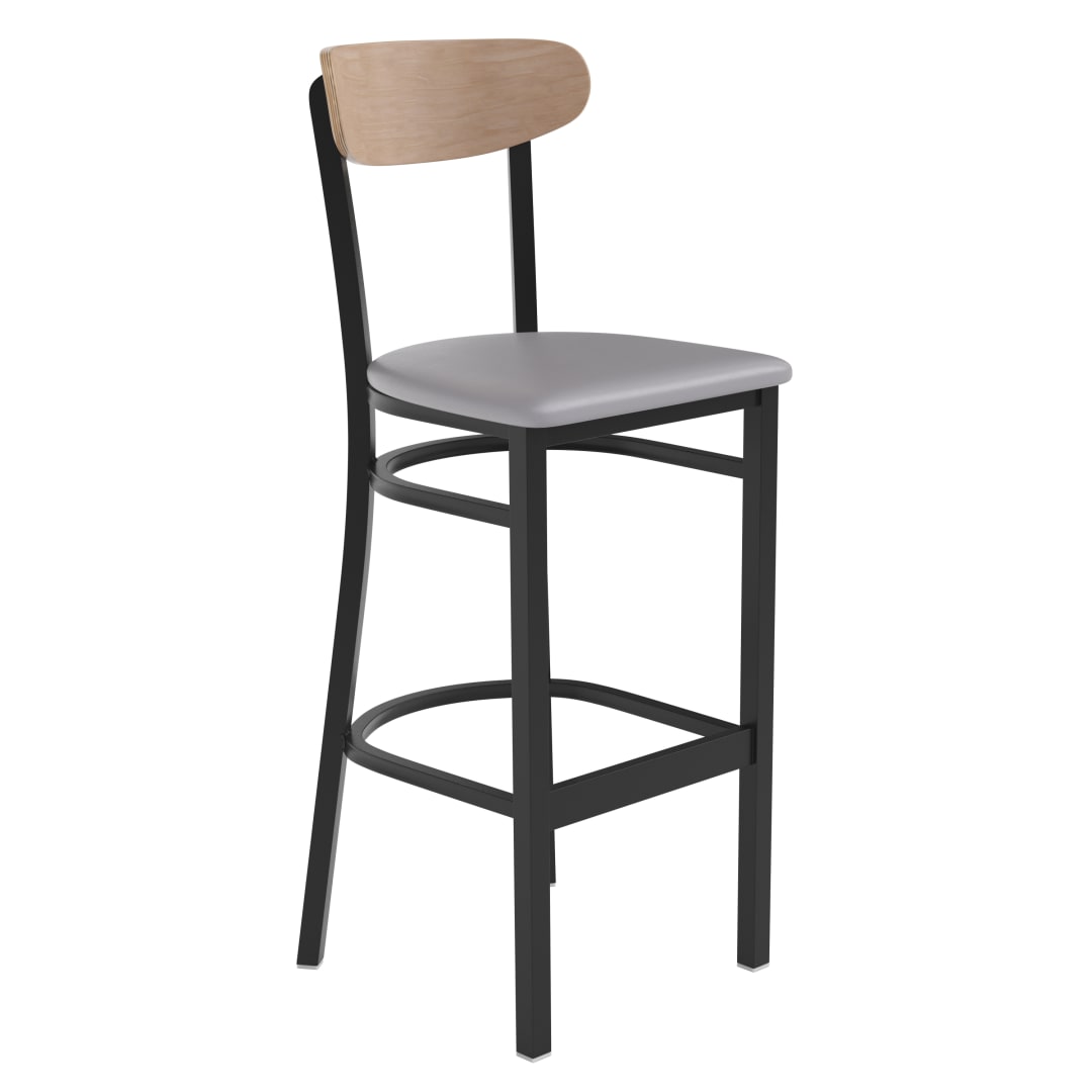 Wright Commercial Barstool with 500 LB. Capacity Black Steel Frame, Natural Birch Finish Wooden Boomerang Back, and Gray Vinyl Seat