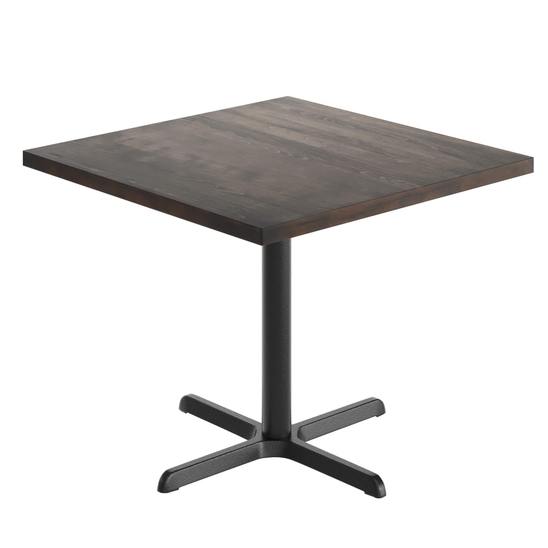 Bennett 36" Square Solid Wood Commercial Indoor Tabletop in Dark Brown with 30" x 30" Dining Height Rust-Resistant Black Cast Iron X-Base
