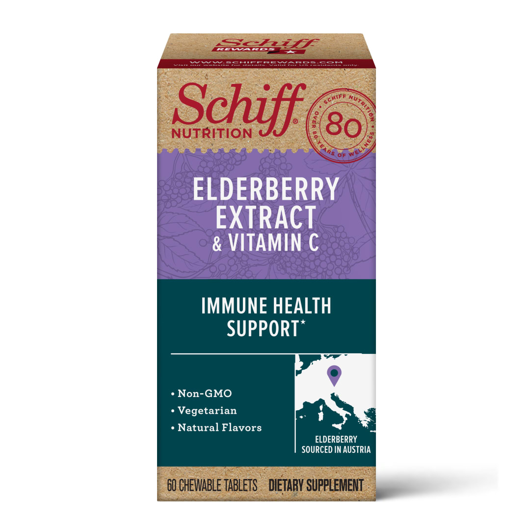 Schiff Elderberry Extract & Vitamin C Chewable Tablets (60 count), Vegetarian & Non-GMO Supplement With Natural Flavors, Helps Support A Healthy Immune System٭