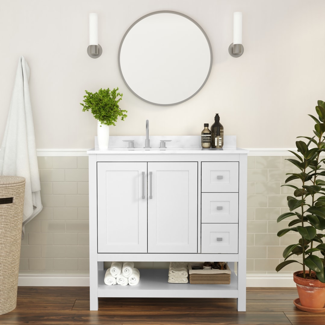 Vega 36 Inch Bathroom Vanity with Sink, Storage Cabinet with Soft Close Doors, Open Shelf and 3 Drawers, Carrara Marble Finish Countertop, White/White