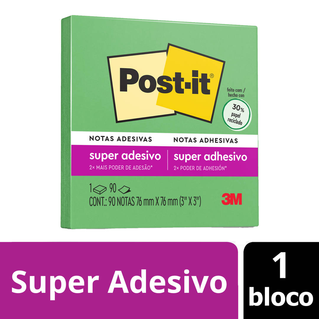 Bloco de Notas Super Adesivas Post-it®, Verde Limão, 76 mm x 76 mm, 90 Folhas