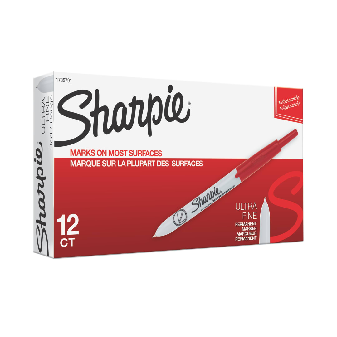 Sharpie® Retractable Permanent Markers, Ultra Fine Point, Red, 12 Count