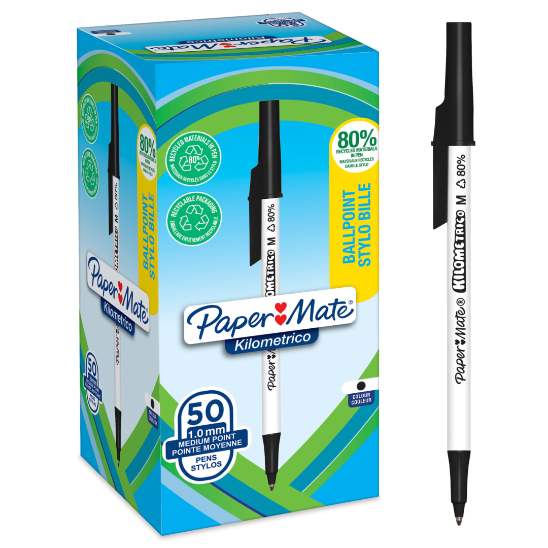 Paper Mate® Kilometrico Ballpoint Pens | Long Writing with Medium Point (1.0mm) | Black Ink | 80% recycled Plastic | 50 Count