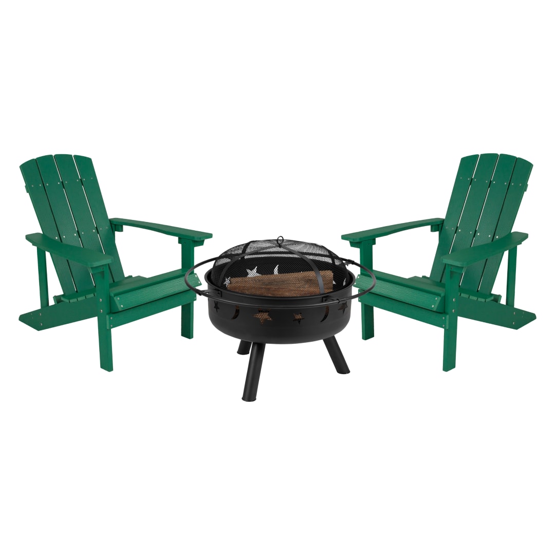3 Piece Charlestown Commercial Green Poly Resin Wood Adirondack Chair Set with Fire Pit - Star and Moon Fire Pit with Mesh Cover