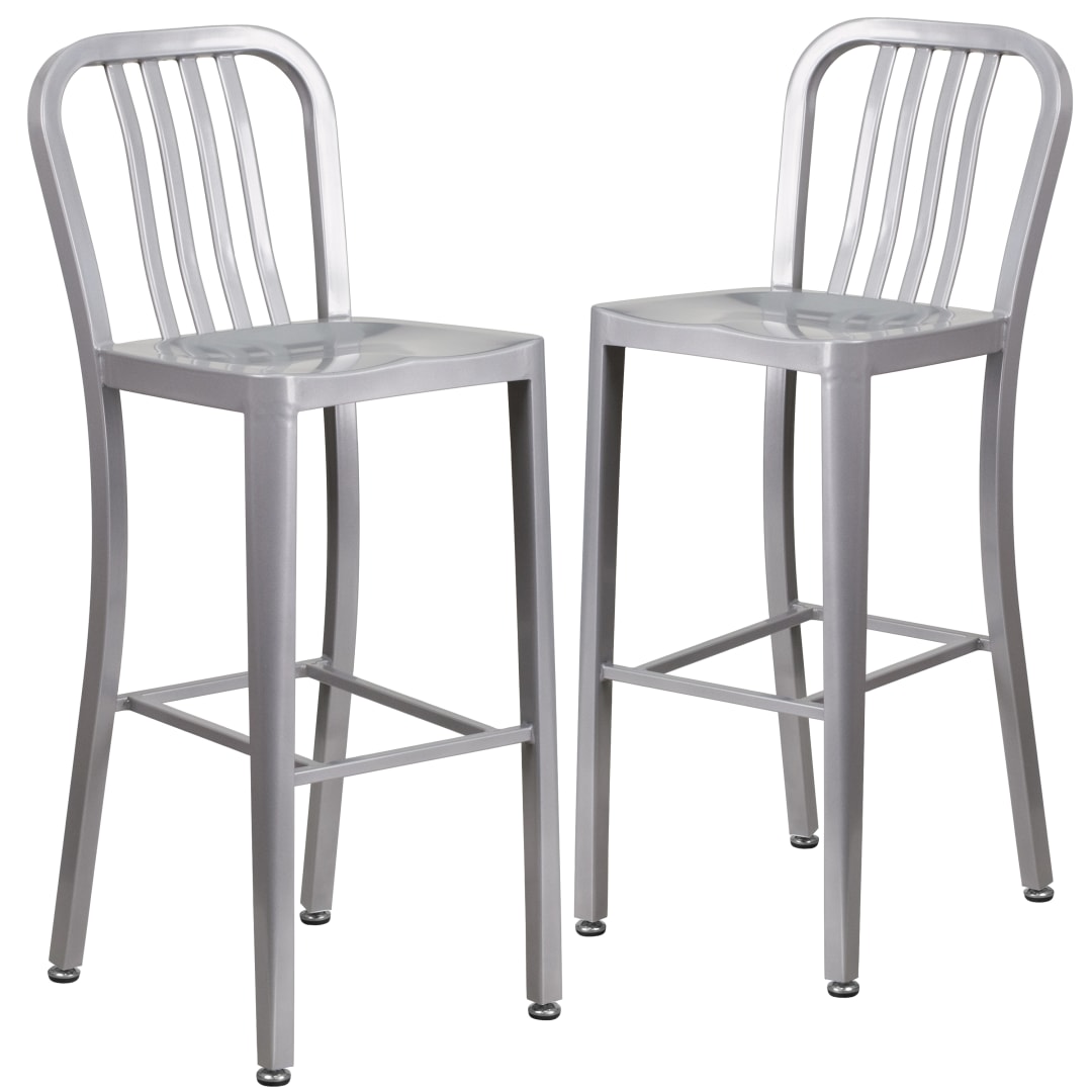 Gael Commercial Grade 2 Pack 30" High Silver Metal Indoor-Outdoor Barstool with Vertical Slat Back