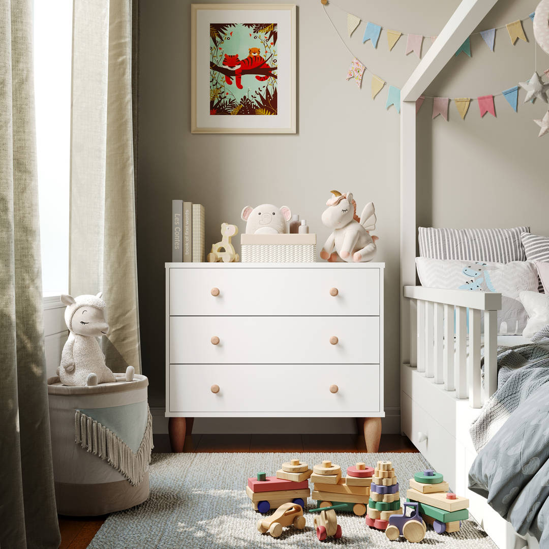Small Kids 3-Drawer Wood Dresser Chest for Bedrooms, White/Natural
