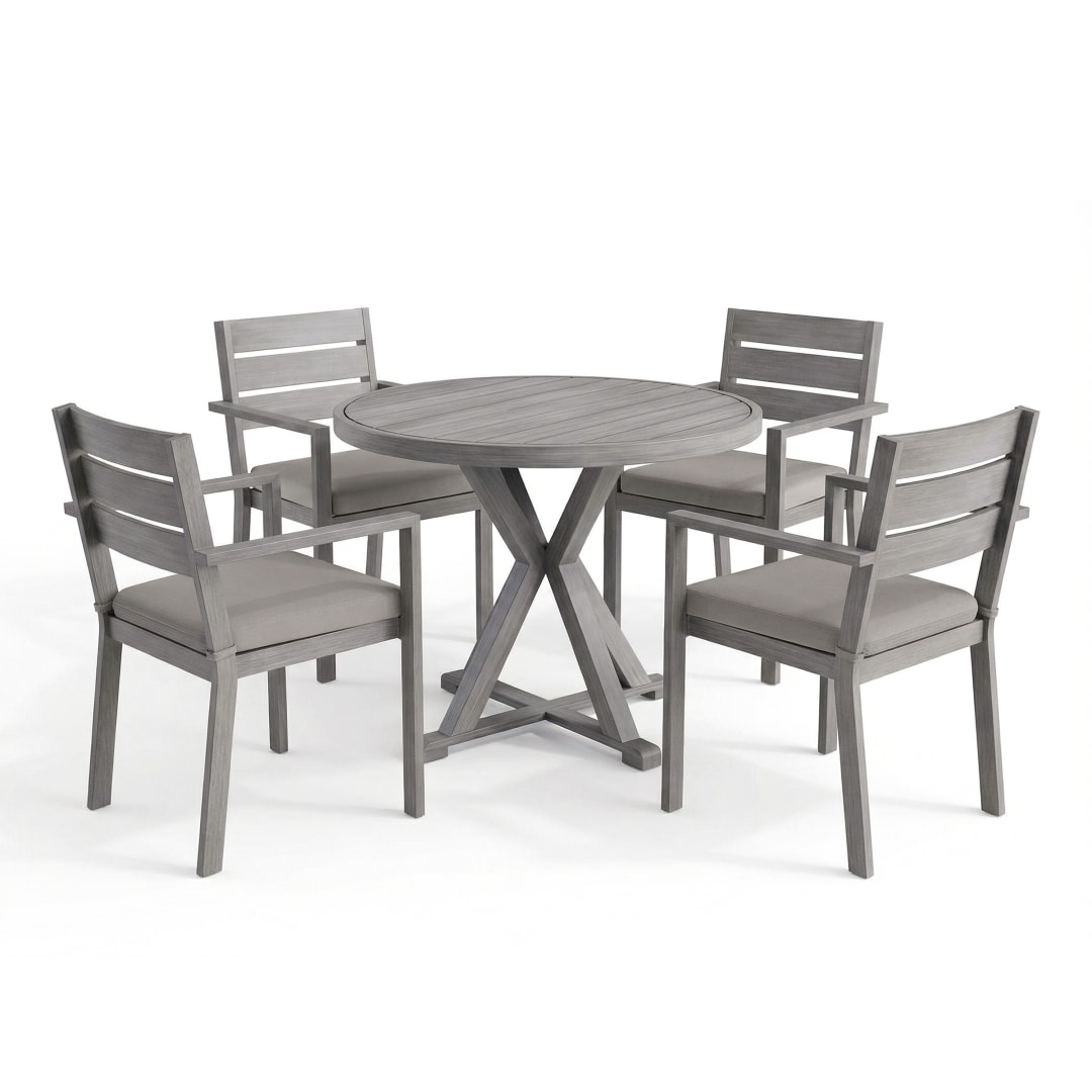 Bedford 5 Piece Aluminum Patio Set, 4 Stackable Dining Armchairs with Gray Cushions, 36" Round Trestle Base Table, Gray Brushed Woodgrain Finish