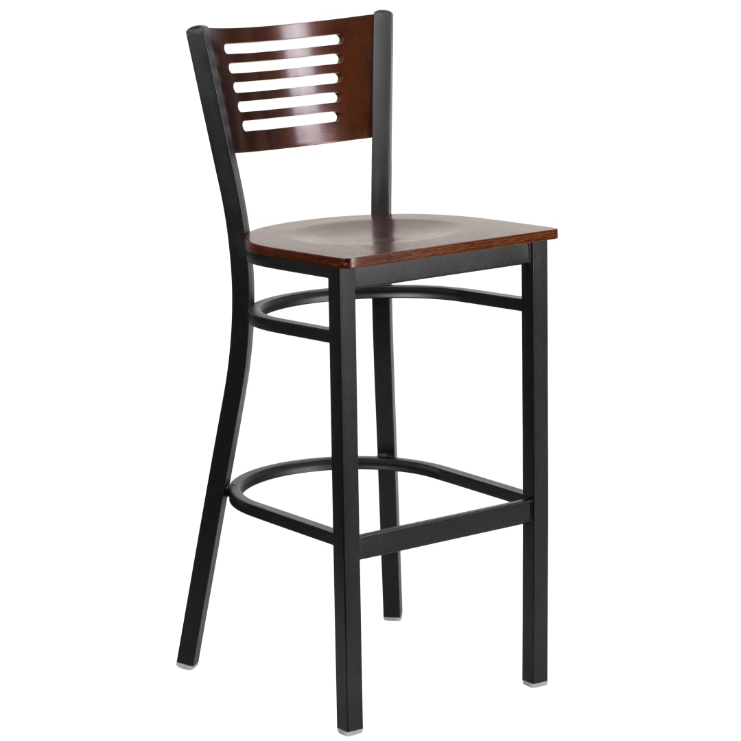 HERCULES Series Black Slat Back Metal Restaurant Barstool - Walnut Wood Back &amp; Seat