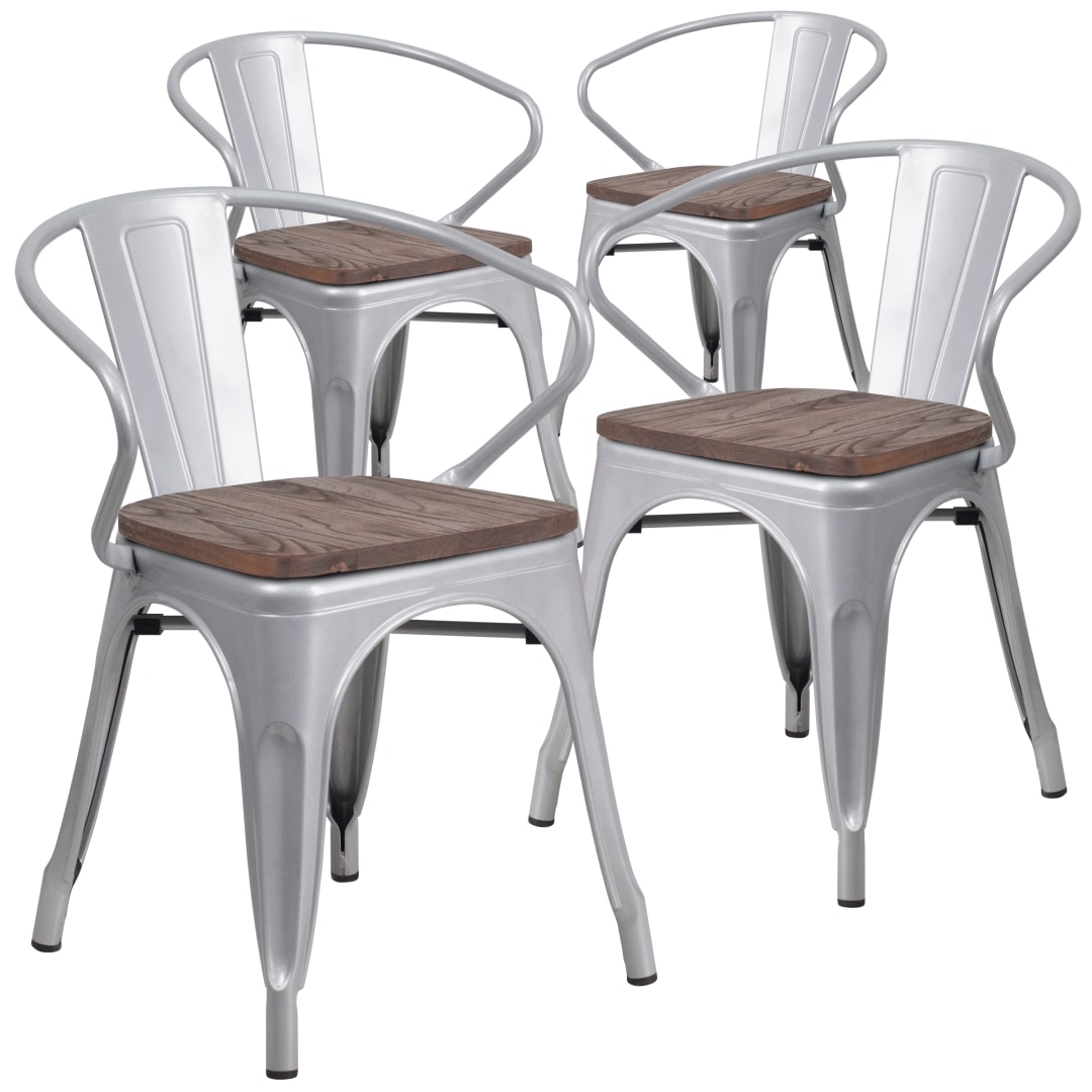Roy 4 Pk. Silver Metal Chair with Wood Seat and Arms