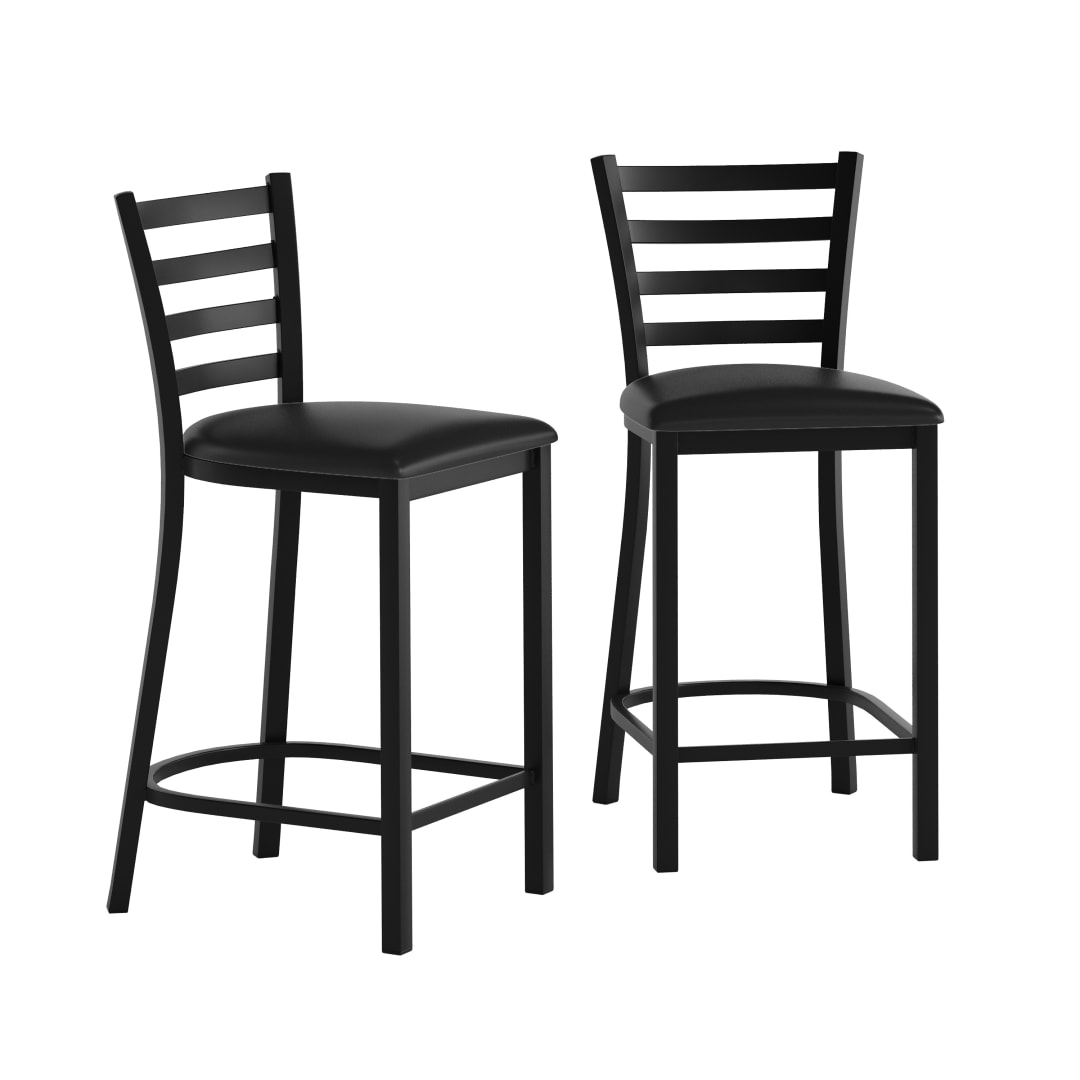 2 Pack HERCULES Black Ladder Back Metal Restaurant Counter Stool - Black Vinyl Seat