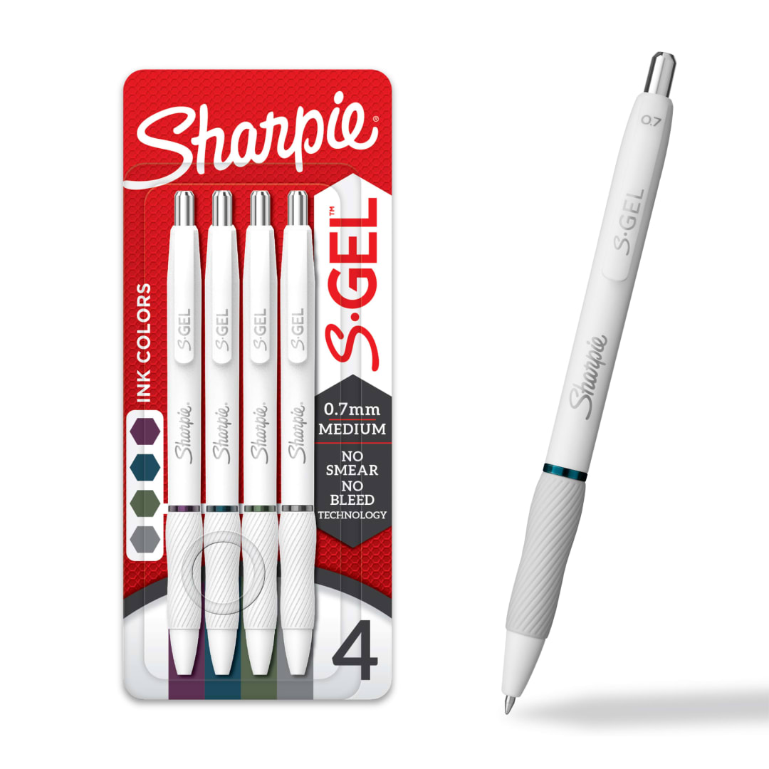 Sharpie S-Gel Pens, Fashion Barrel Gel Pens, Pearl White Body, Medium (0.7mm) Point, Rich Dark Color Assortment, 4 Count