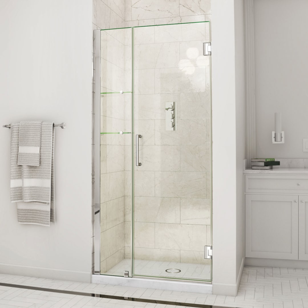 DreamLine Unidoor 38 - 39 inch W x 72 inch H Frameless Hinged Shower Door with Shelves in Chrome