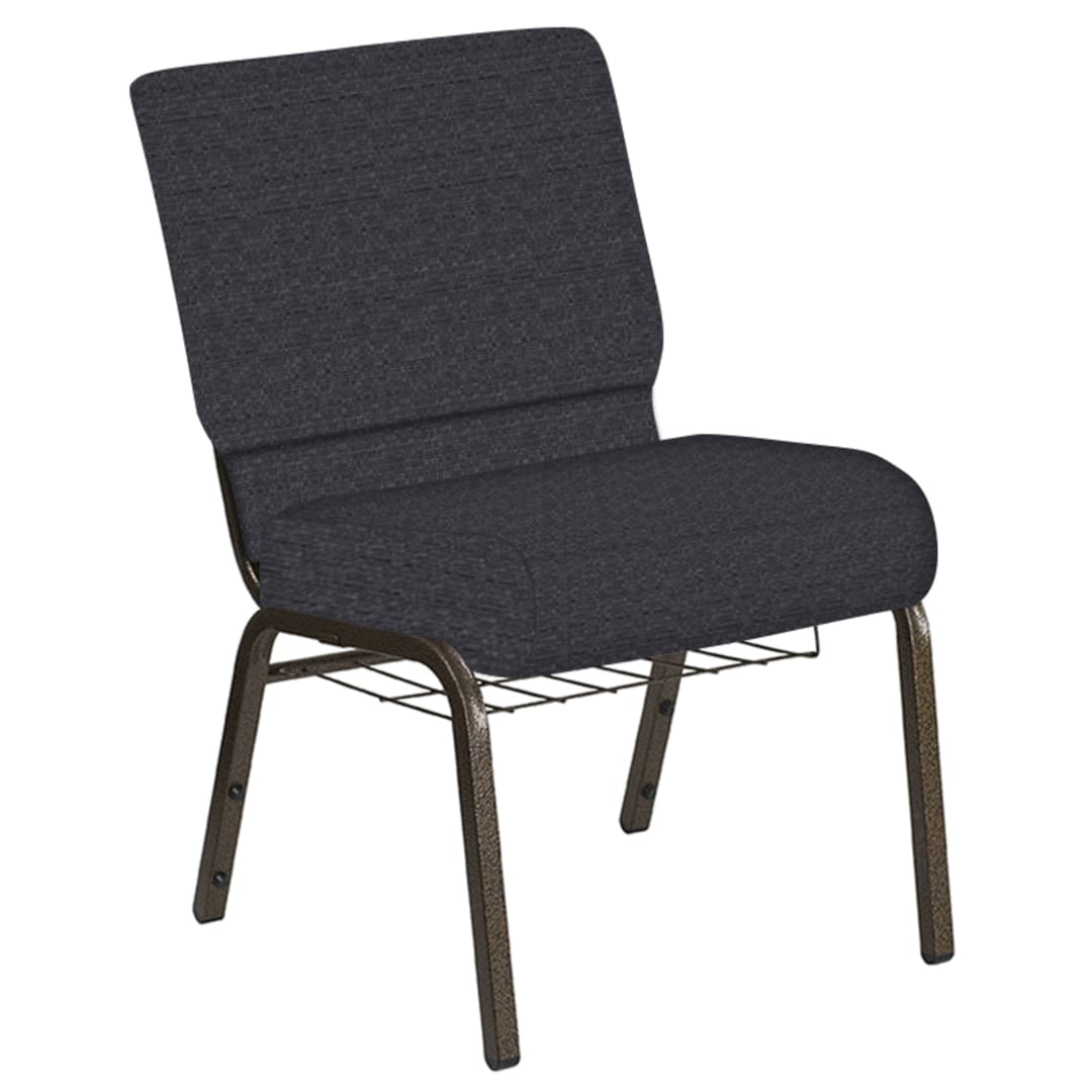 Embroidered 21''W Church Chair in Tahiti Licorice Fabric with Book Rack - Gold Vein Frame