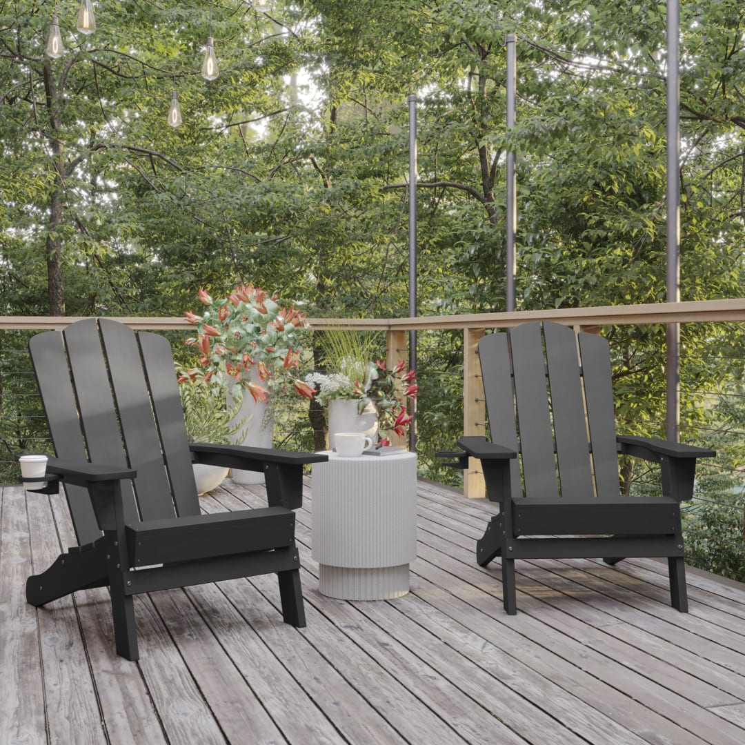 Newport Adirondack Chair with Cup Holder, Weather Resistant HDPE Adirondack Chair in Gray, Set of 2