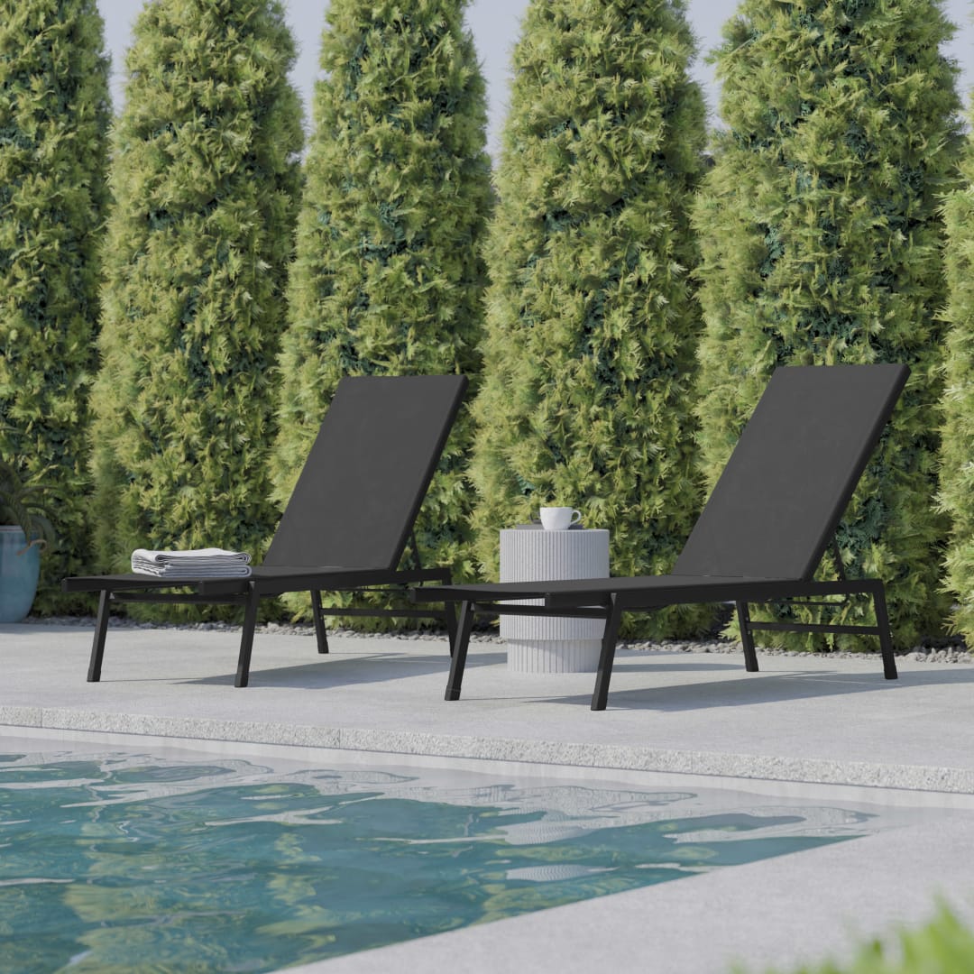 Brazos Set of 2 Adjustable Chaise Lounge Chairs, Outdoor Five-Position Recliners, All Weather, Black/Black