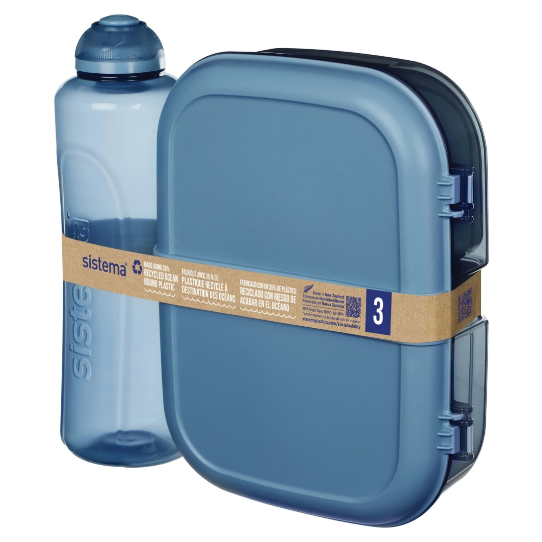 Sistema Ocean Bound Plastic Bento Box with Water Bottle (480ml), Lunch Box (1.1L), 1 Dressing/Snack Pot (130ml) | BPA-Free and made Using Recycled Plastic | 3 Count | Blue or Teal (Colour Not Selectable)