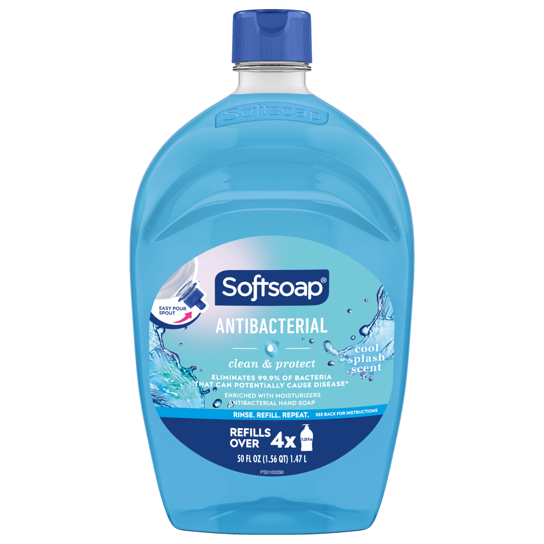 Softsoap Antibacterial Clean and Protect Liquid Hand Soap with New Easy Pour Spout, Kitchen and Bathroom Hand Soap, Cool Splash Scent, 50 fl oz Refill