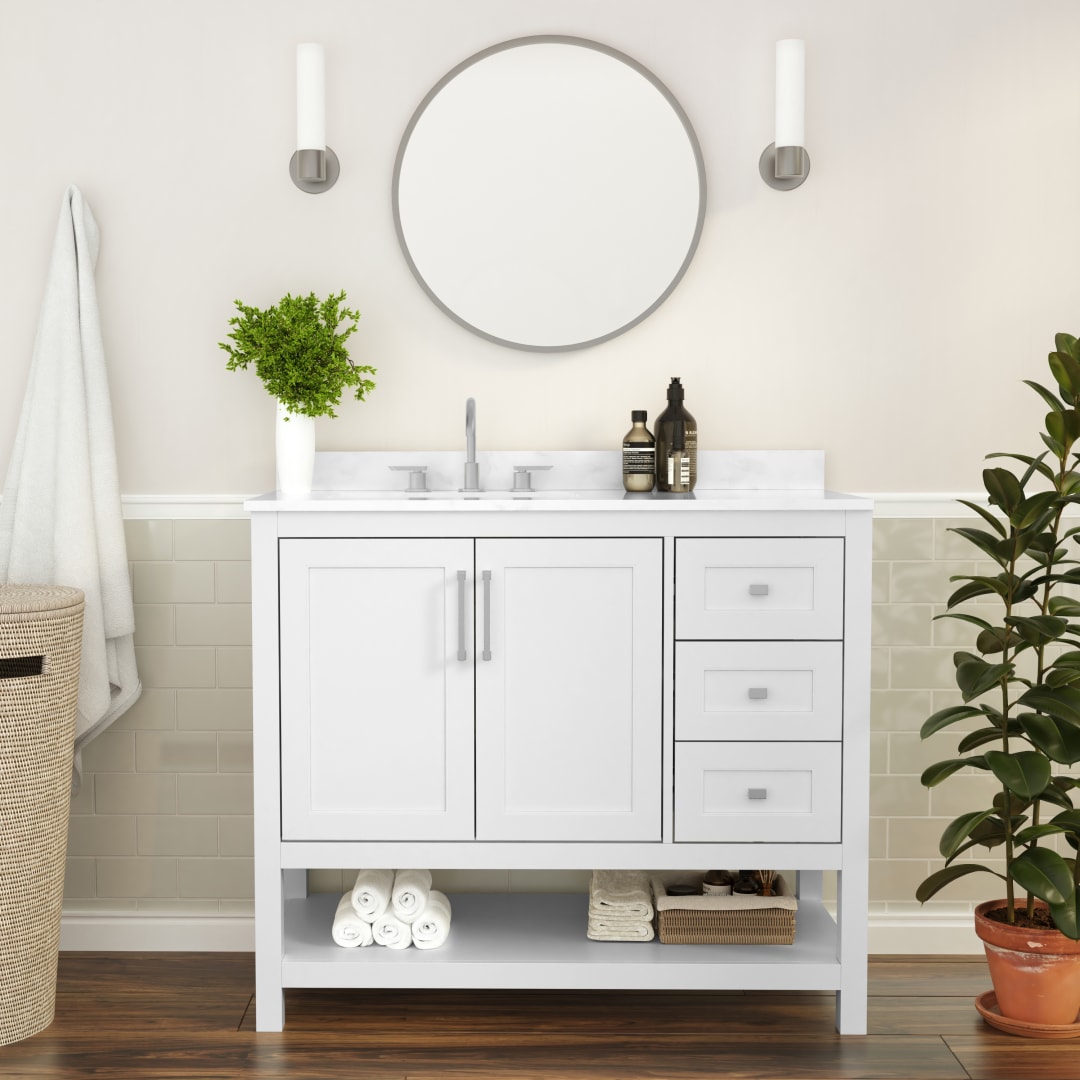 Vega 42 Inch Bathroom Vanity with Sink, Storage Cabinet with Soft Close Doors, Open Shelf and 3 Drawers, Carrara Marble Finish Countertop, White/White