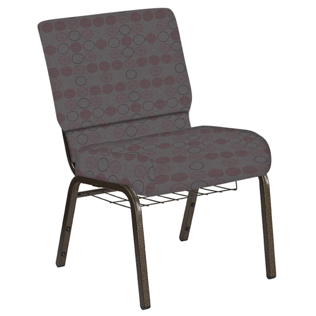 Embroidered 21''W Church Chair in Galaxy Taupe Fabric with Book Rack - Gold Vein Frame