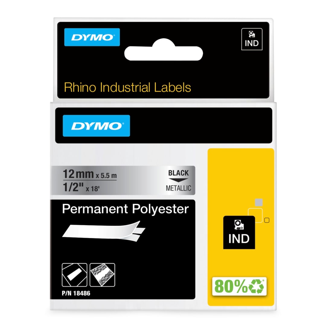 DYMO® Rhino Industrial Permanent Polyester Labels, 1/2", Black Print on Metallic Tape