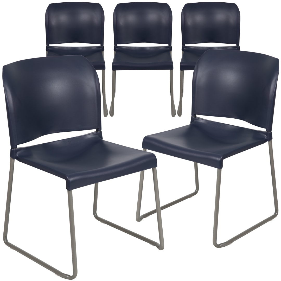 HERCULES Series 5 Pack 880 lb. Capacity Navy Full Back Contoured Stack Chair with Gray Powder Coated Sled Base