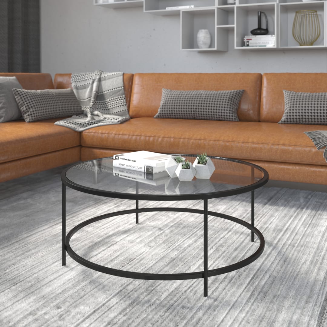 Astoria Collection Round Coffee Table - Modern Clear Glass Coffee Table with Matte Black Frame