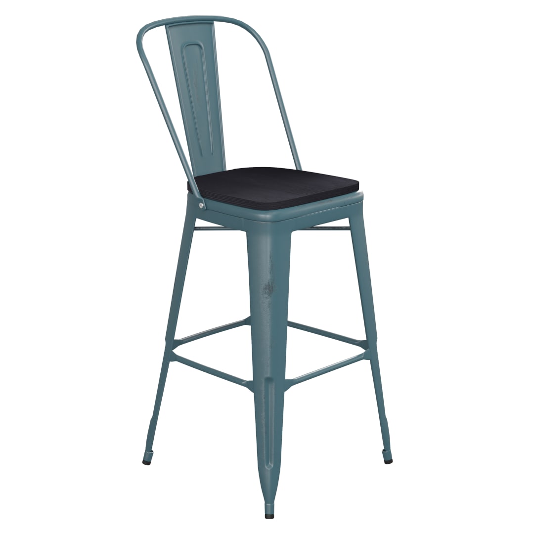 Carly Commercial Grade 30" High Kelly Blue-Teal Metal Indoor-Outdoor Barstool with Back with Black Poly Resin Wood Seat