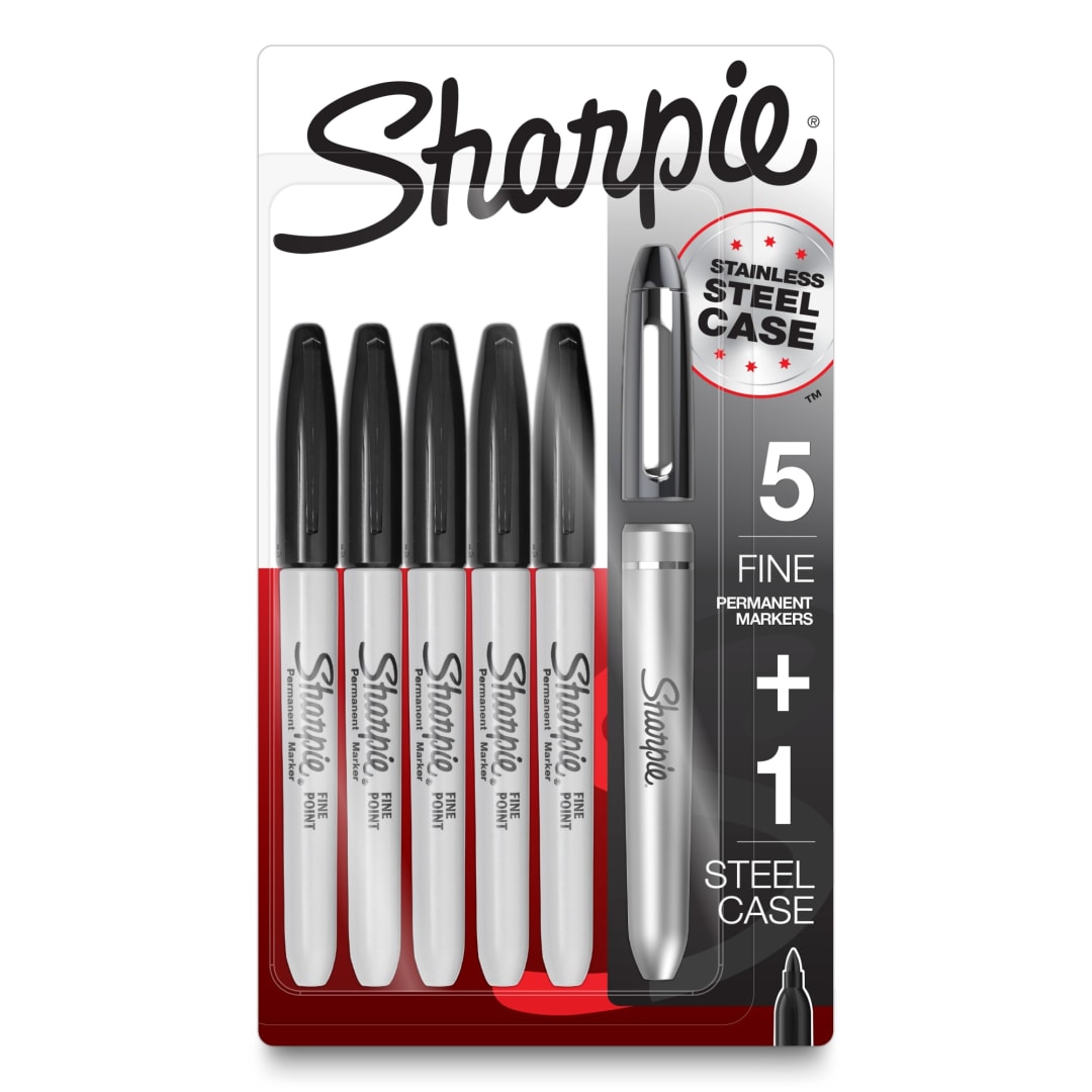 Sharpie® Permanent Markers with Stainless Steel Marker Case, Fine Point, Black, 6 Count