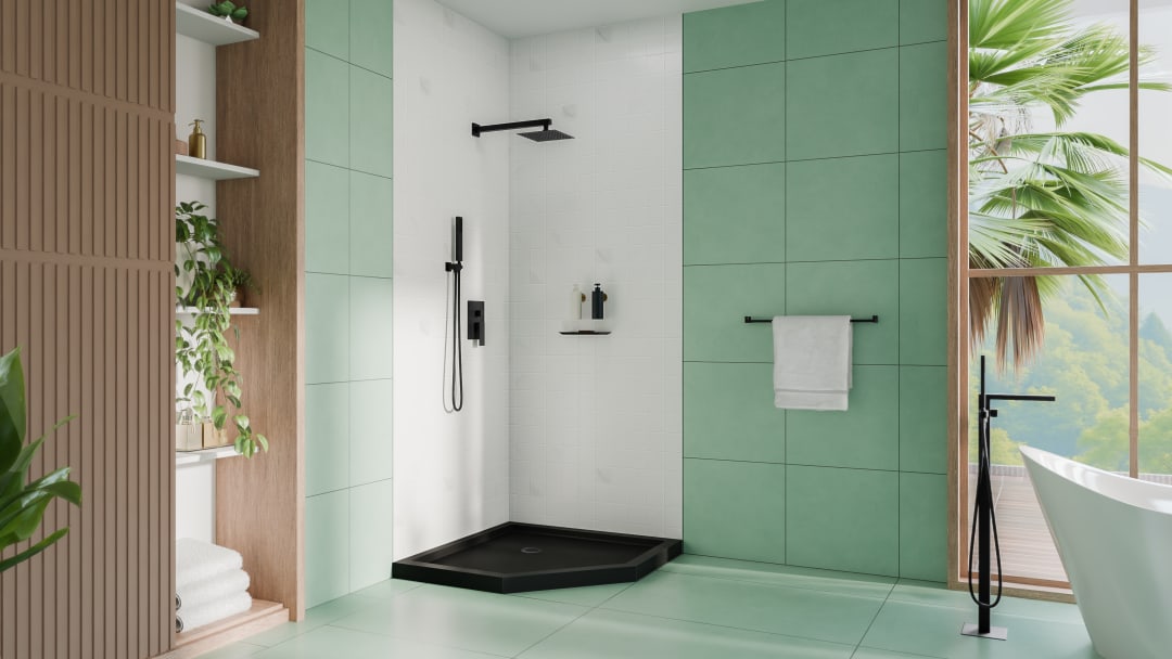 DreamLine SlimLine 36 inch D x 36 inch W x 2 3/4 inch H Black Neo-Angle Shower Base with 2 inch Matte Black Corner Round Drain