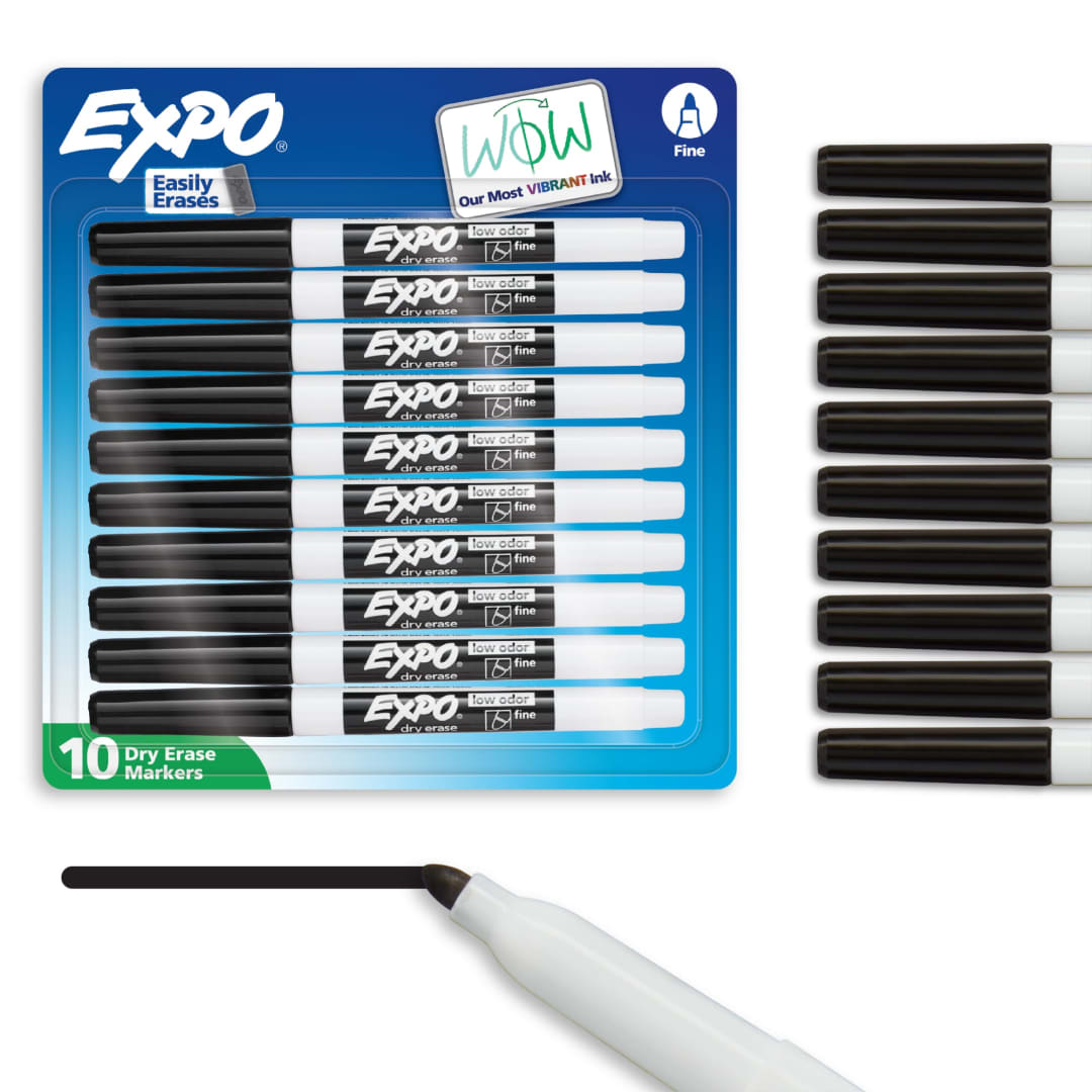 EXPO Dry Erase Markers, Low Odor Ink, Black, Fine Tip, 10 Count
