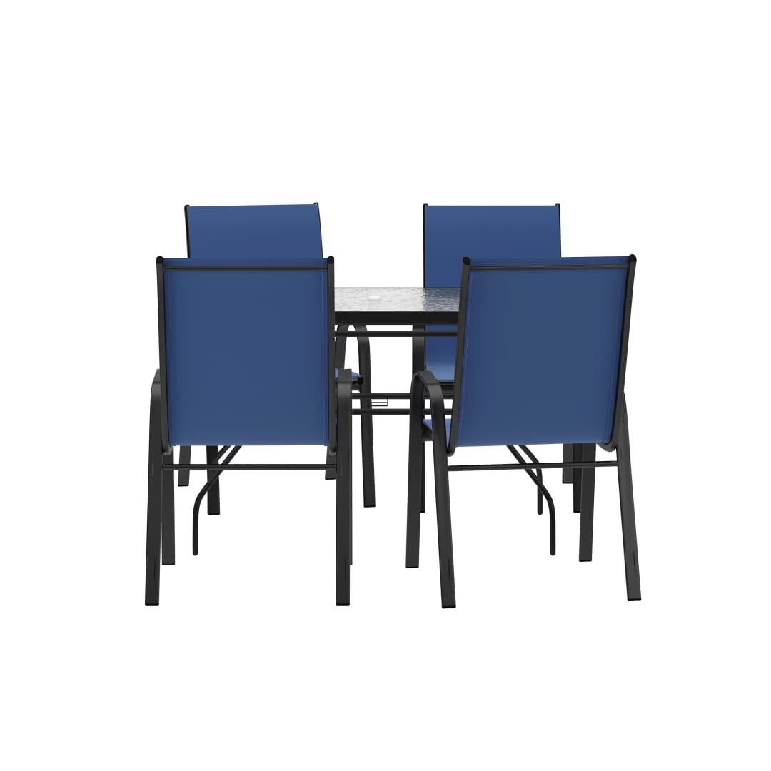 Brazos 5 Piece Commercial Grade Patio Dining Set with Tempered Glass Patio Table with 4 Chairs with Navy Flex Comfort Material Seats and Backs
