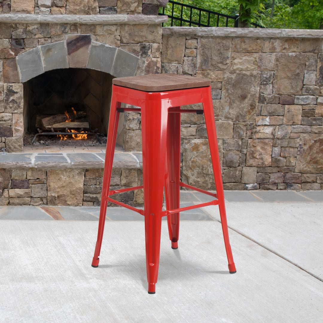 Lily 30" High Backless Red Metal Barstool with Square Wood Seat