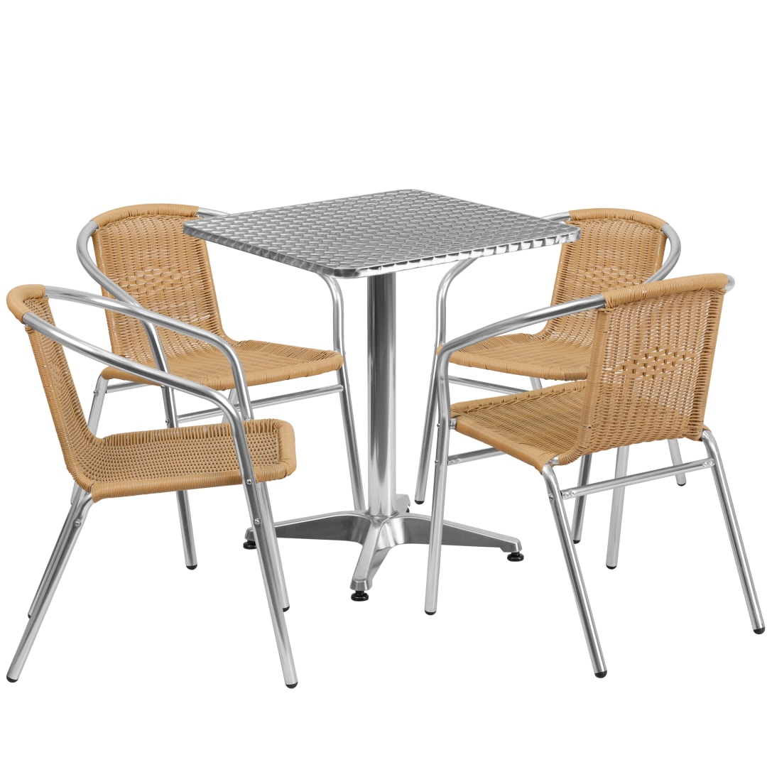 Lila 23.5'' Square Aluminum Indoor-Outdoor Table Set with 4 Beige Rattan Chairs