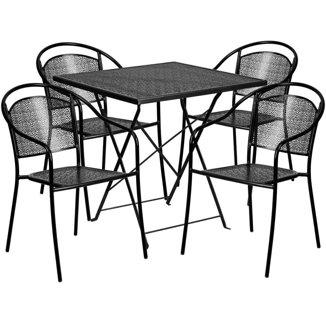 Oia Commercial Grade 28" Square Black Indoor-Outdoor Steel Folding Patio Table Set with 4 Round Back Chairs